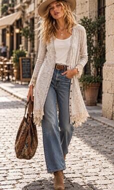 Free People Vintage Oatmeal Lace Trim Boho Long Cardigan Dress Medium